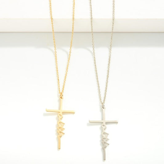 Chain Link Necklace Featuring "Faith" Cross Pendant