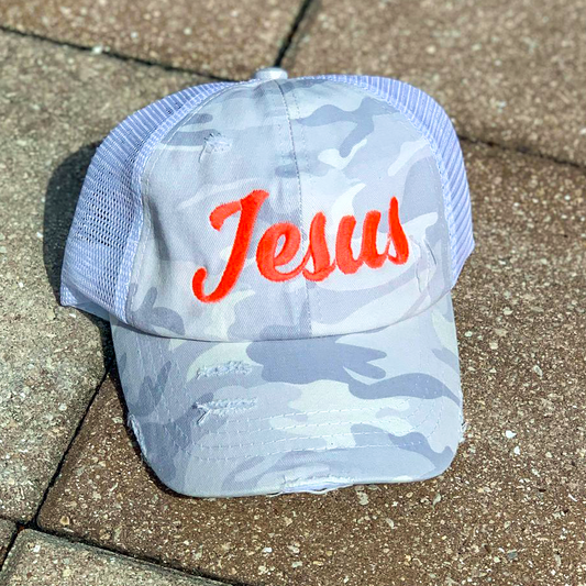 Jesus White Camo Ponytail Hat