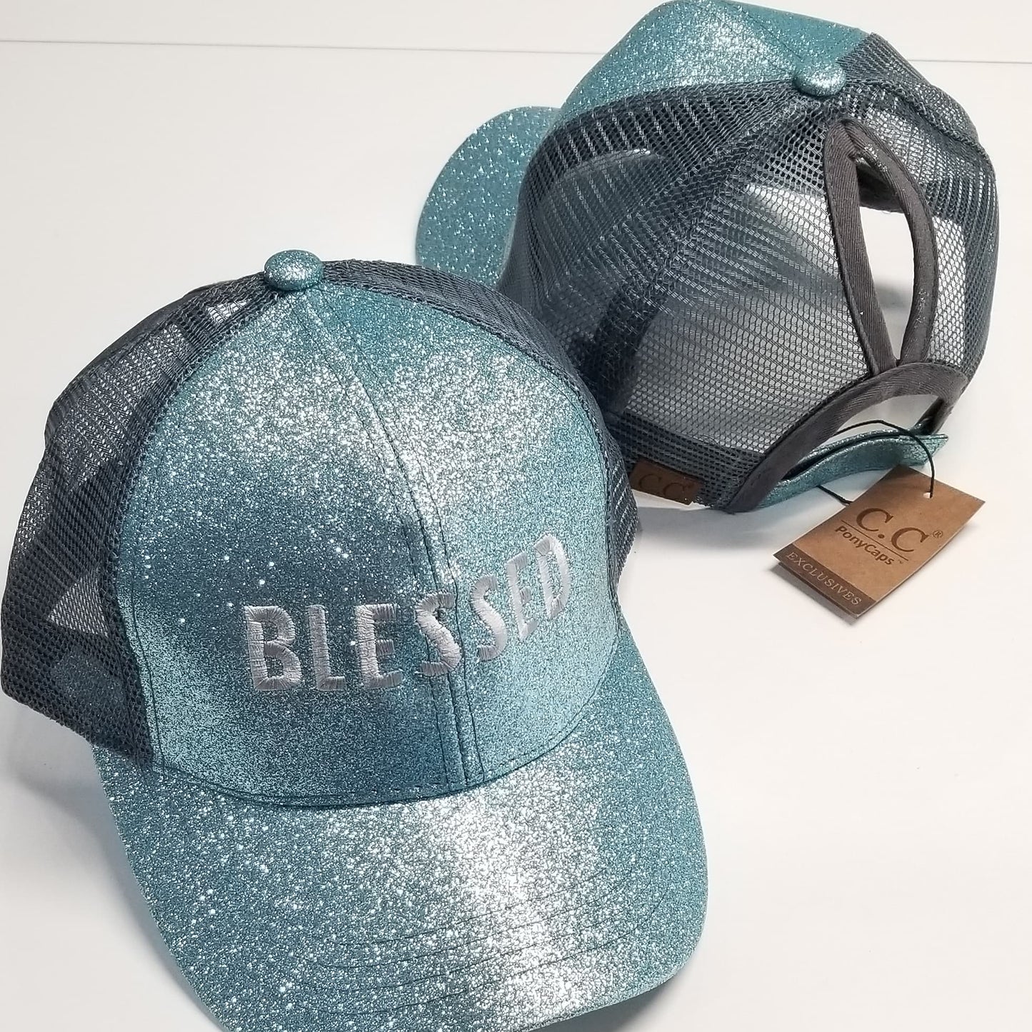 Blessed Glitter Ponytail Hat