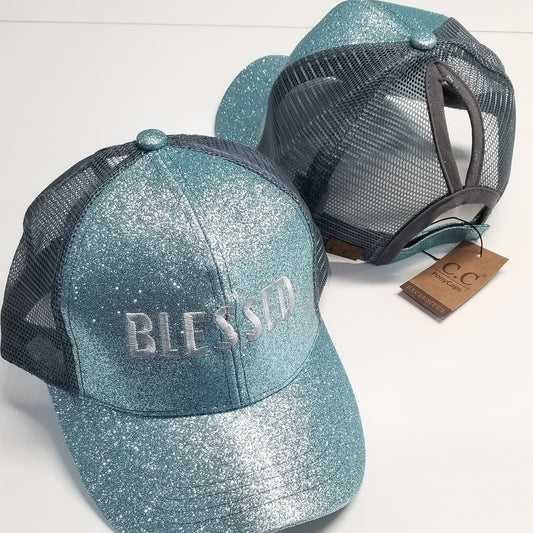 Blessed Glitter Ponytail Hat