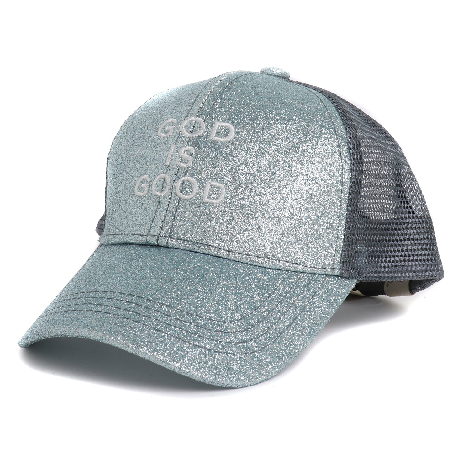 Kids Glitter God Is Good Ponytail Hat