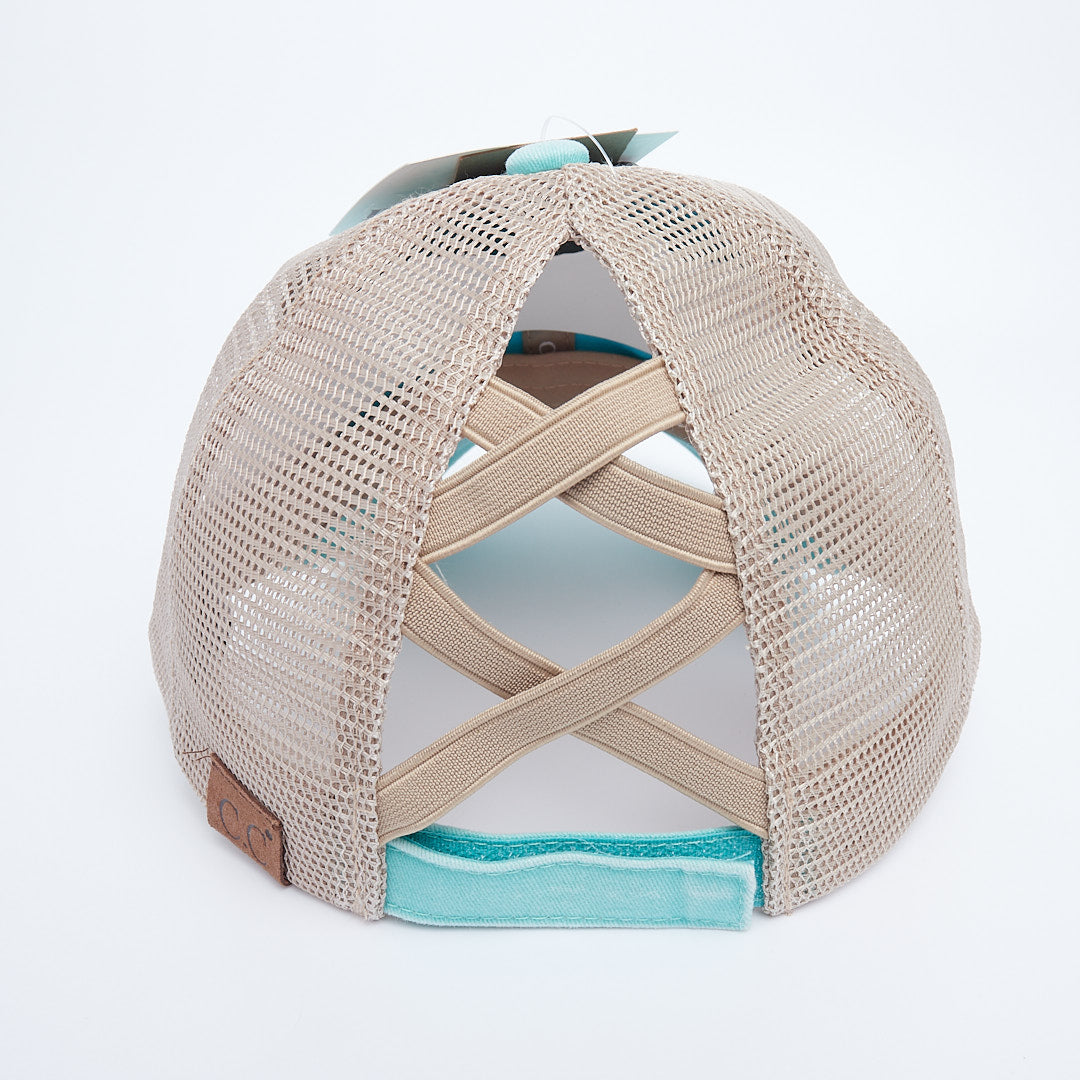 Washed Denim Criss Cross High Pony Ball Cap