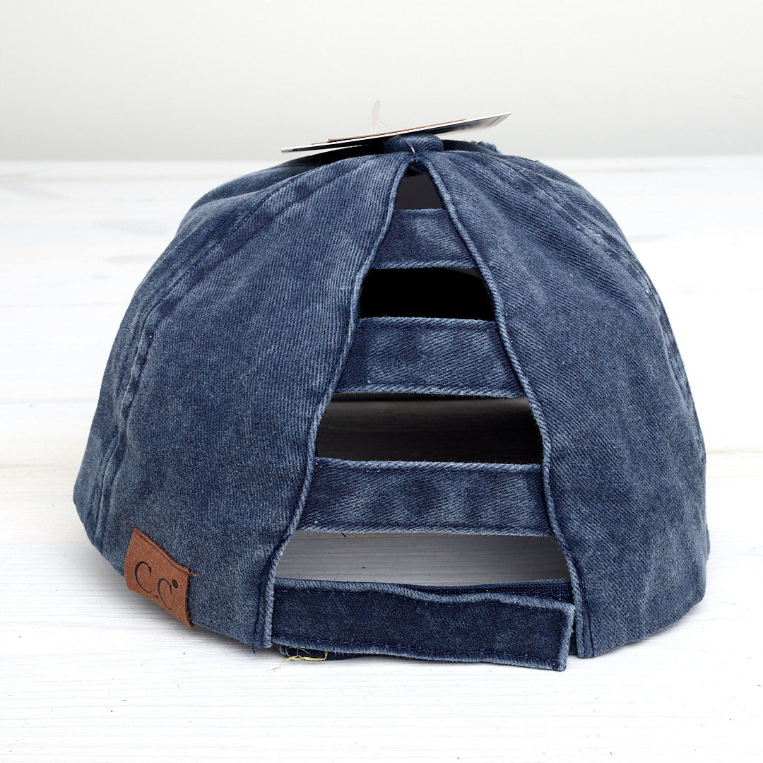 Cross Distressed Ladder High Ponytail Hat