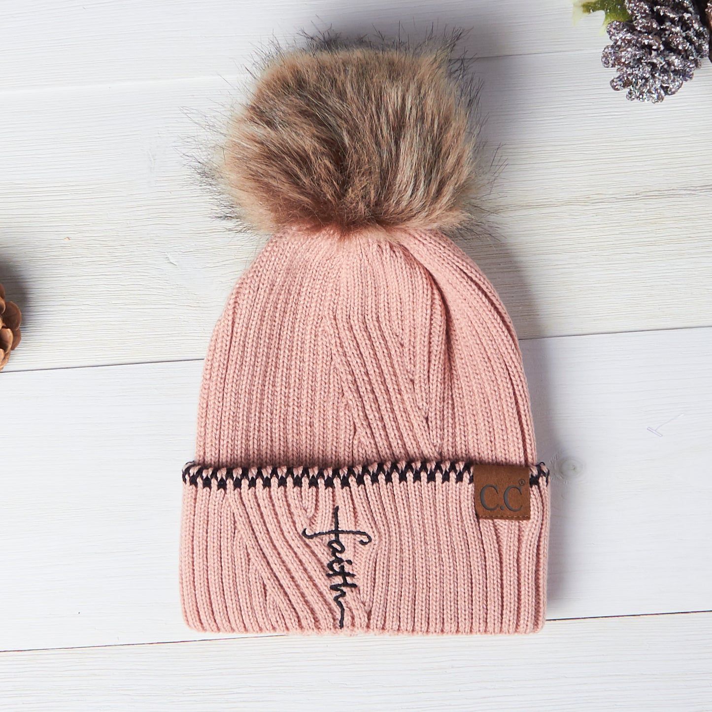 Faith Cross Ribbed Knit Beanie With Accented Cuff