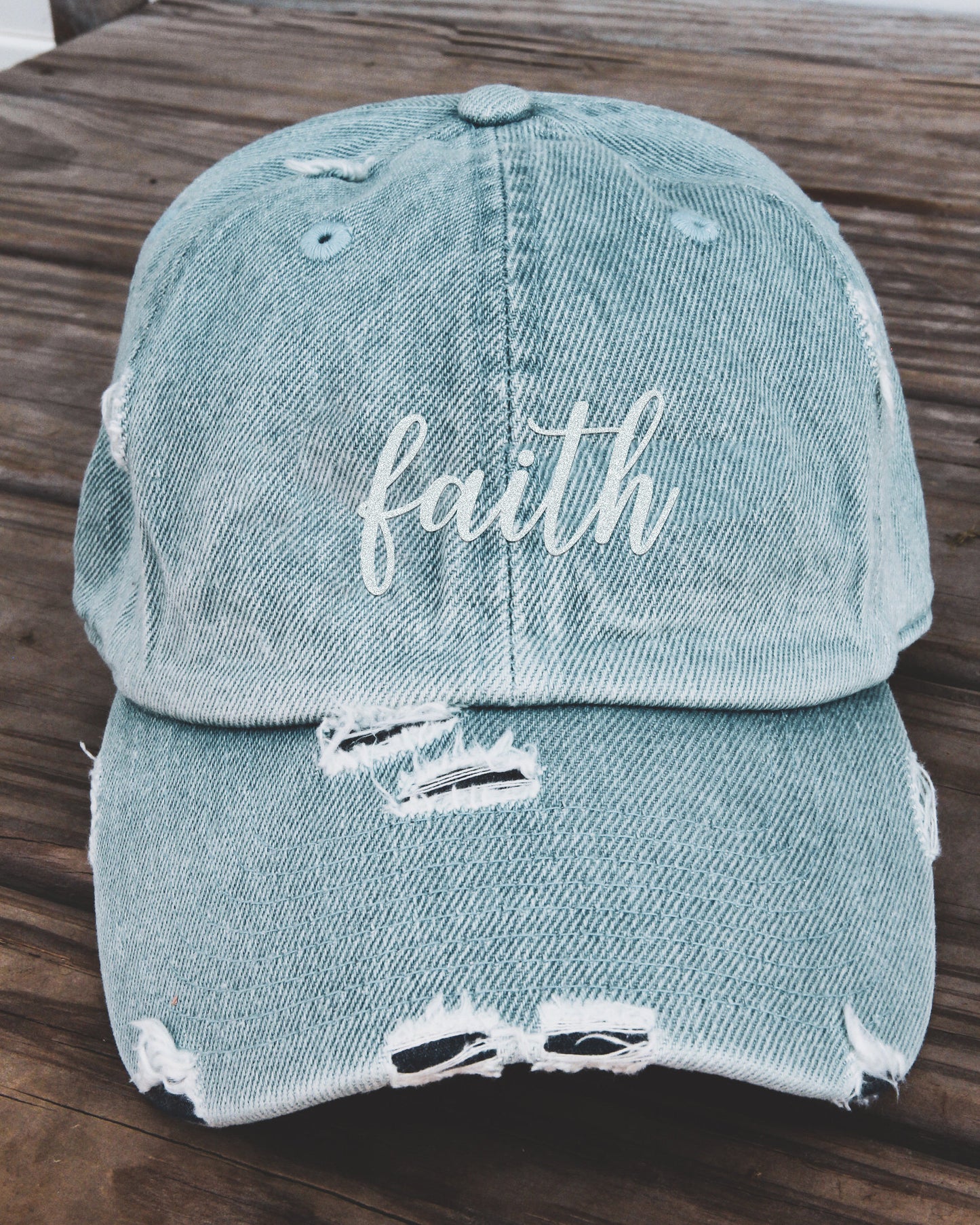 Faith Cursive Distressed Baseball Hat Adjustable Metal Closure-Denim