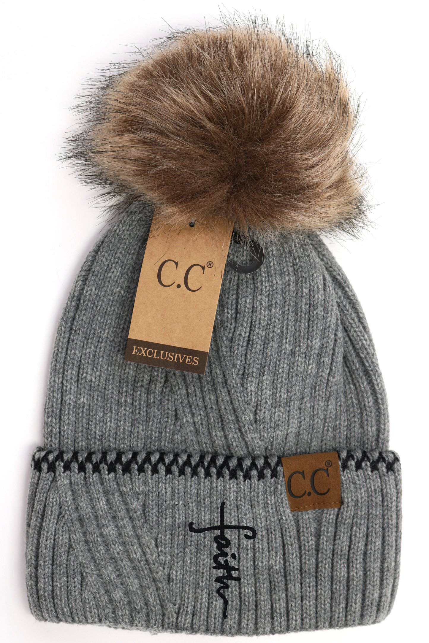 Faith Cross Ribbed Knit Beanie With Accented Cuff