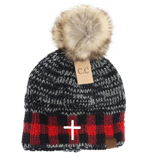 Cross Buffalo Check Mixed Print Fur Pom