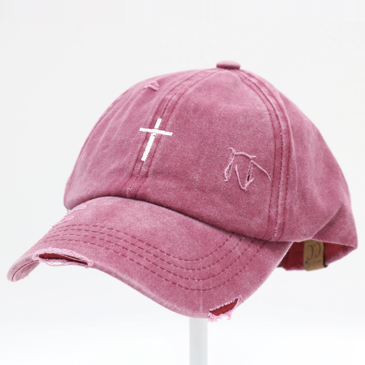 Cross Distressed Ladder High Ponytail Hat
