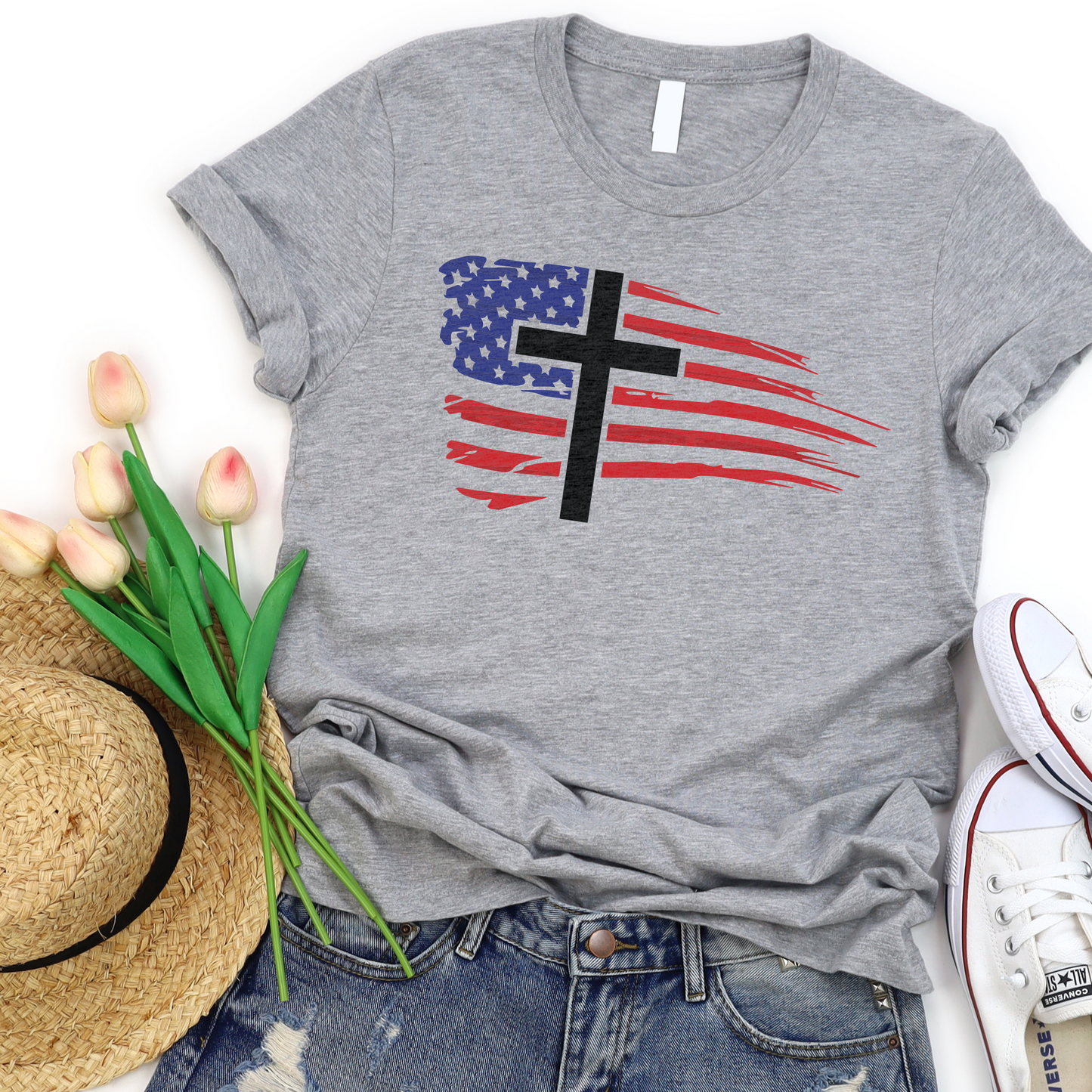 Cross Distressed American Flag Tee