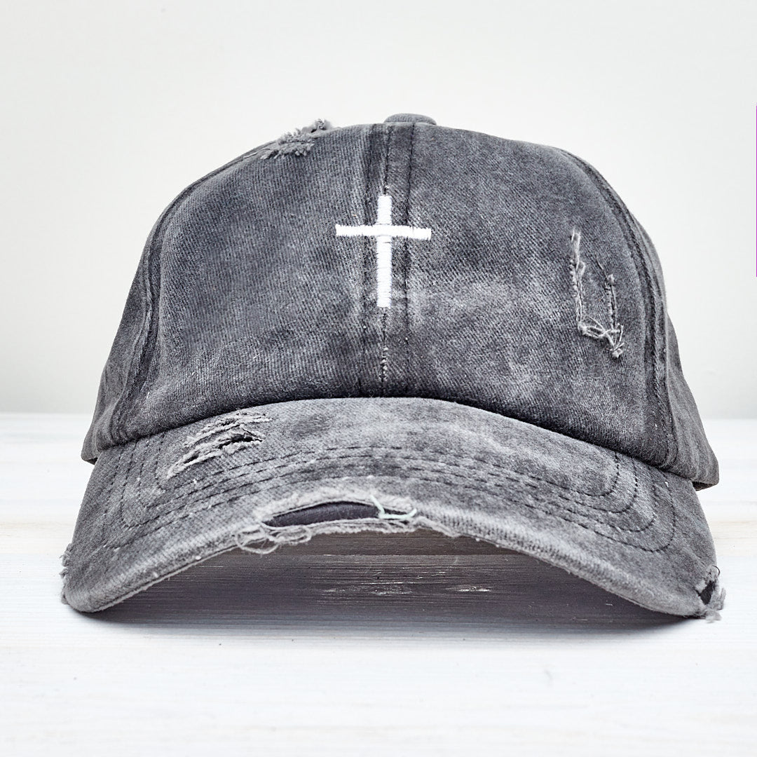 Cross Distressed Ladder High Ponytail Hat