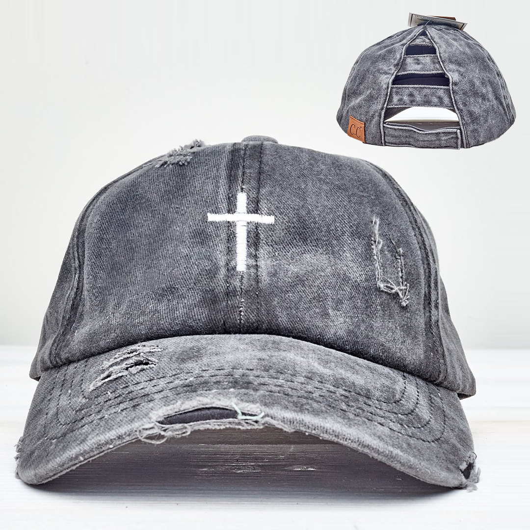 Cross Distressed Ladder High Ponytail Hat