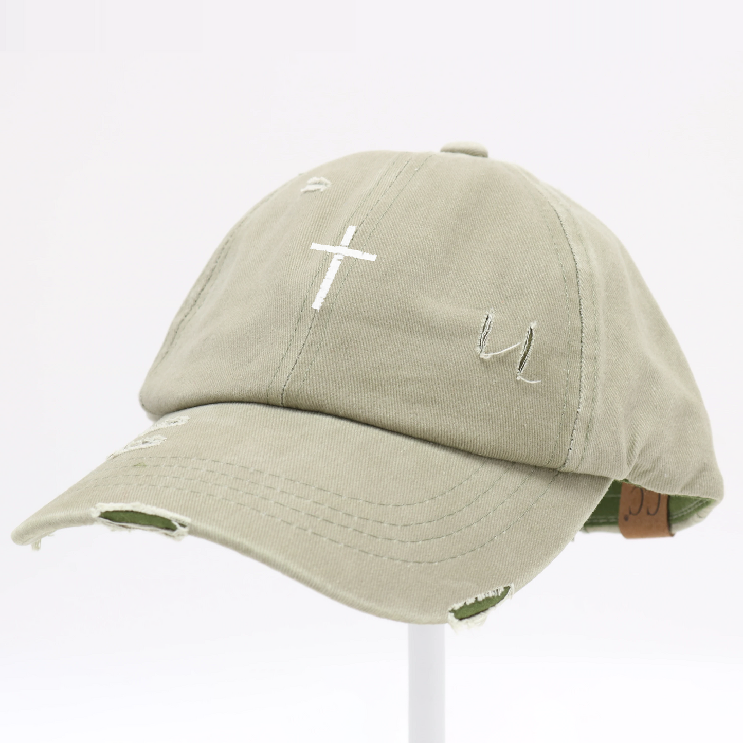 Cross Distressed Ladder High Ponytail Hat