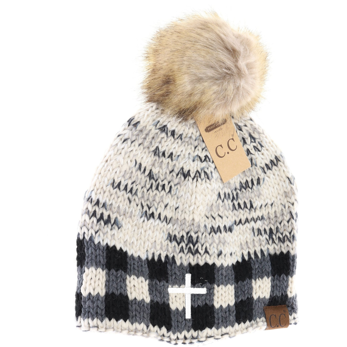 Cross Buffalo Check Mixed Print Fur Pom
