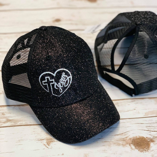 Cross Jesus Heart Glitter Ponytail Hat