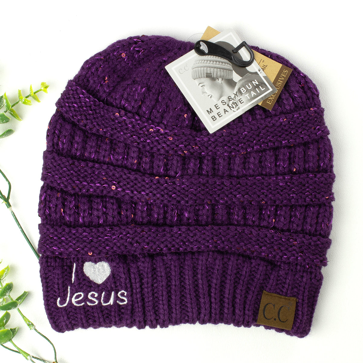 I Love Jesus Sequin CC Tail Beanie