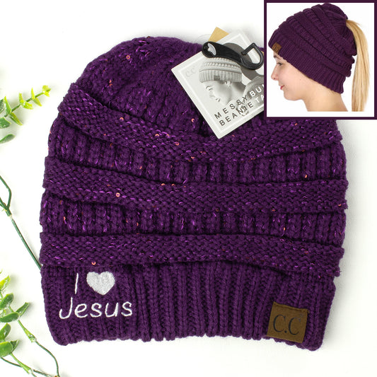 I Love Jesus Sequin CC Tail Beanie