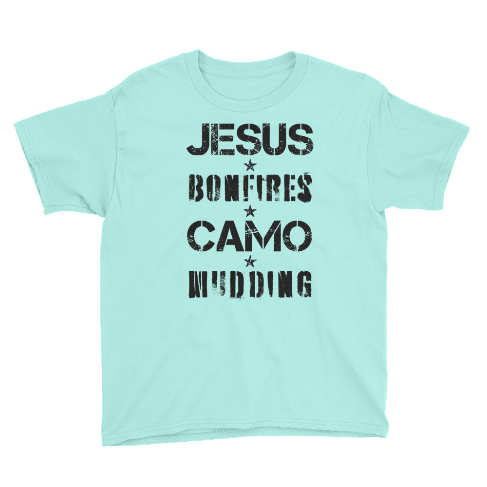 Jesus Bonfires Camo and Mudding Youth Short Sleeve T-Shirt
