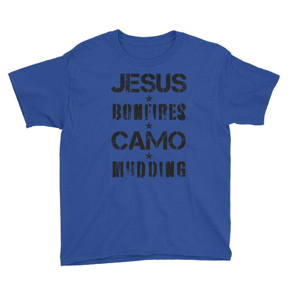 Jesus Bonfires Camo and Mudding Youth Short Sleeve T-Shirt