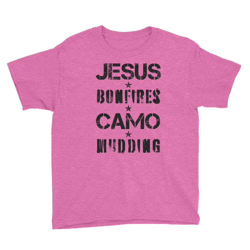 Jesus Bonfires Camo and Mudding Youth Short Sleeve T-Shirt