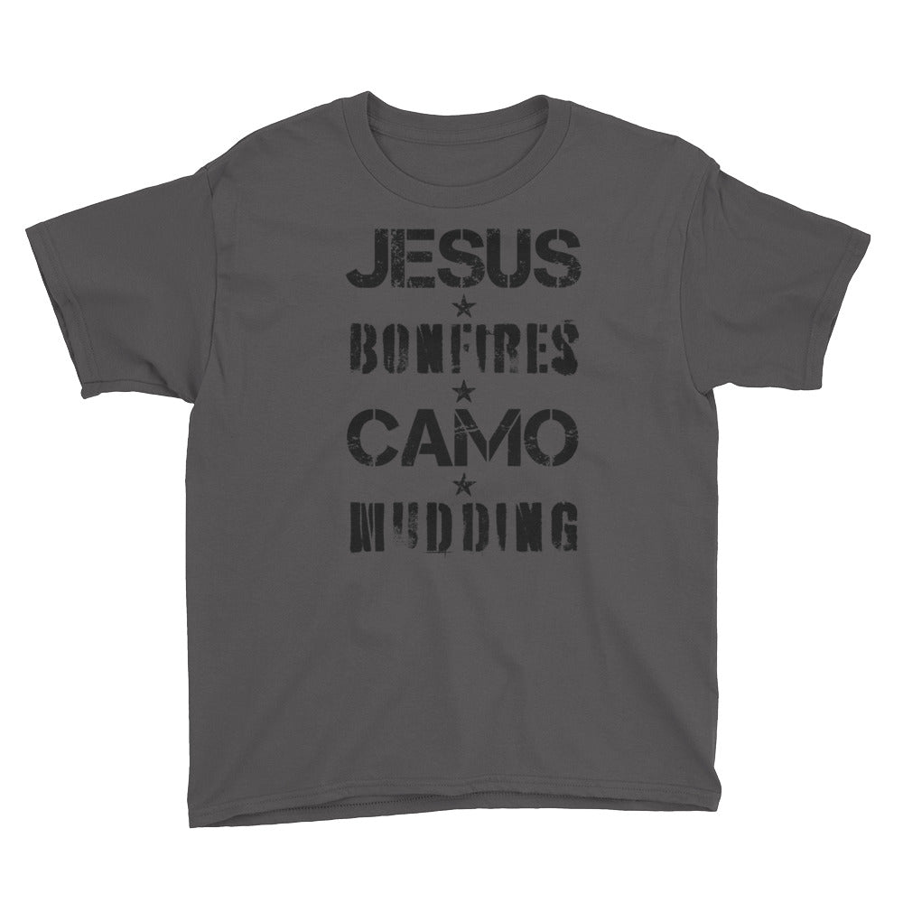 Jesus Bonfires Camo and Mudding Youth Short Sleeve T-Shirt