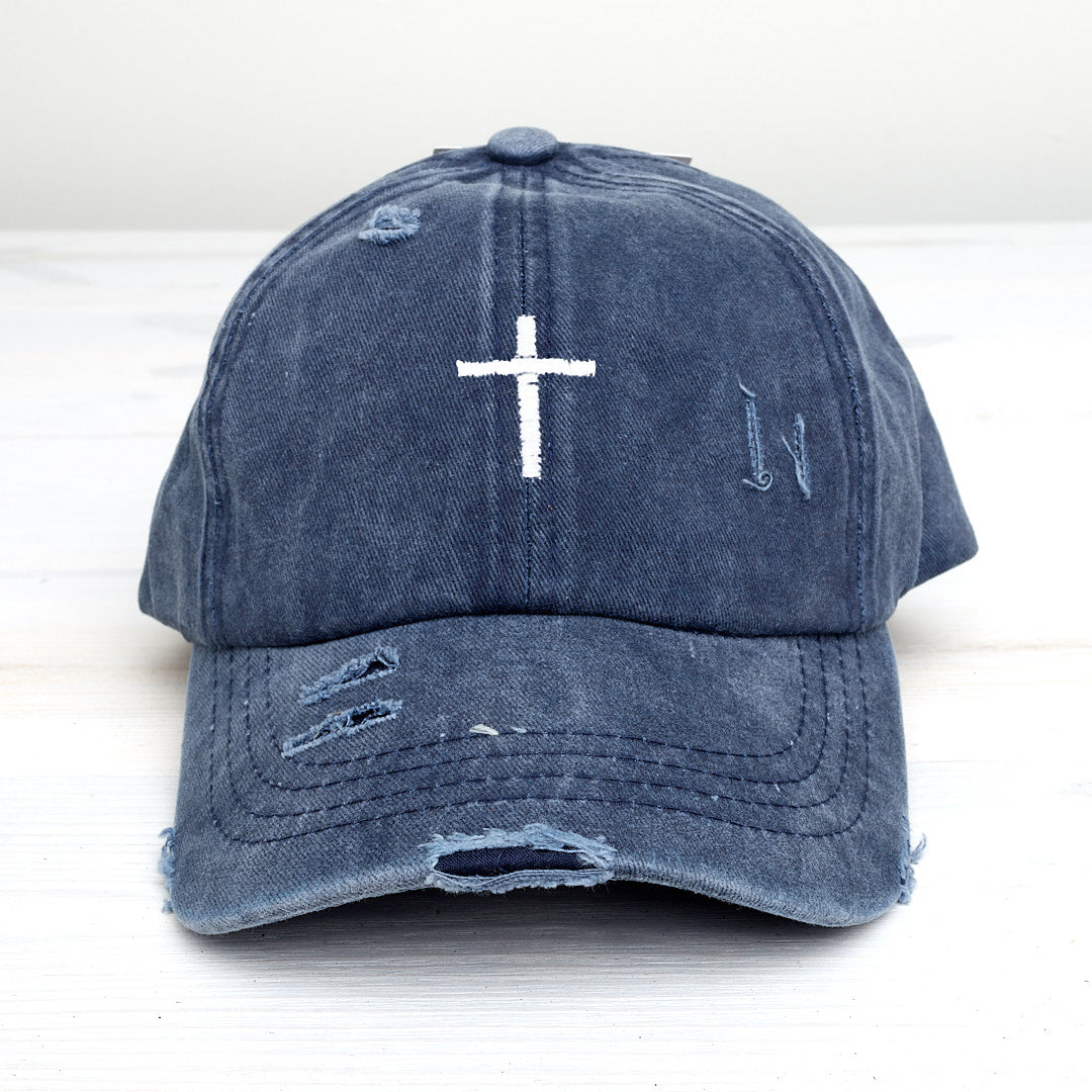 Cross Distressed Ladder High Ponytail Hat