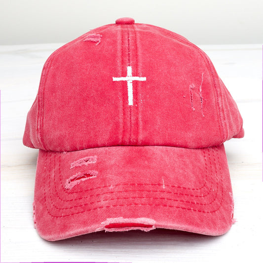 Cross Distressed Ladder High Ponytail Hat