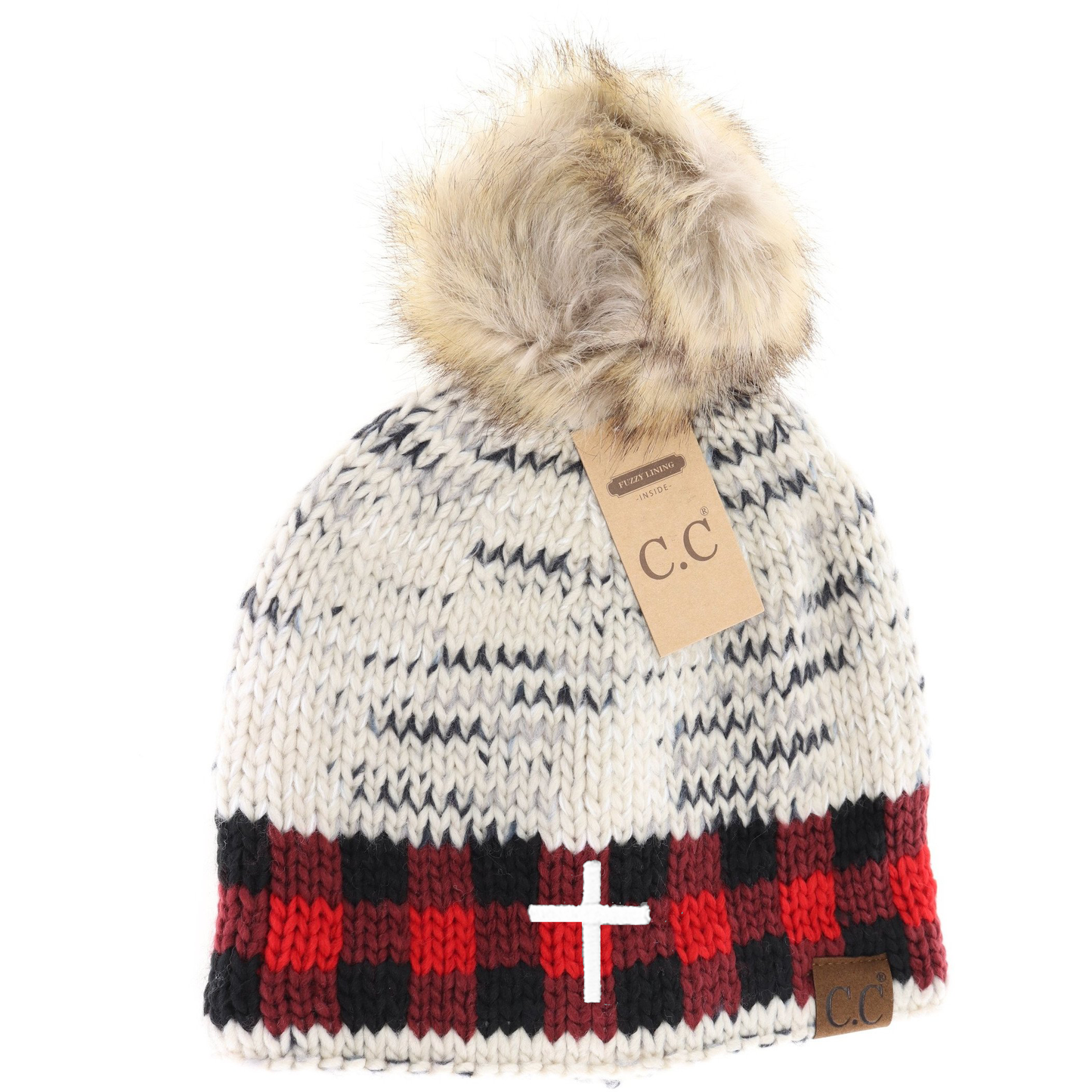 Cross Buffalo Check Mixed Print Fur Pom