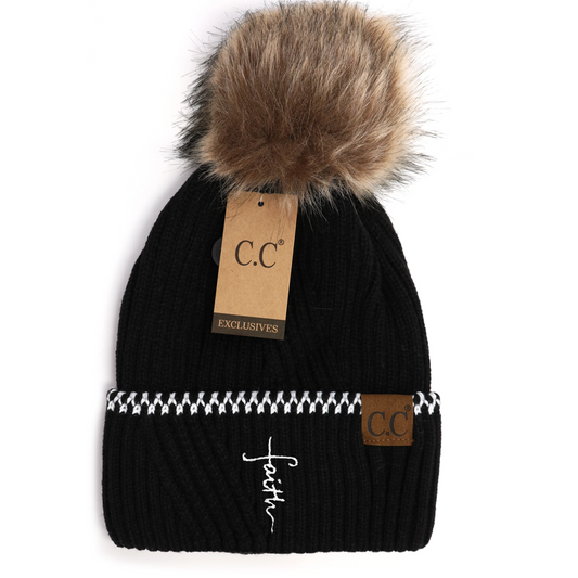 Faith Cross Ribbed Knit Beanie With Accented Cuff