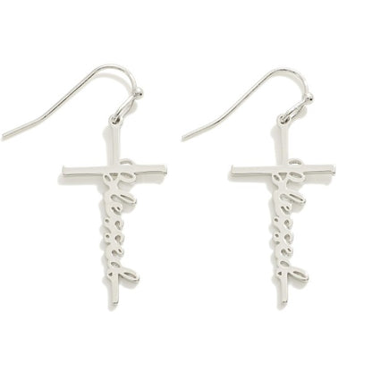 Metal "Blessed" Cross Drop Earrings