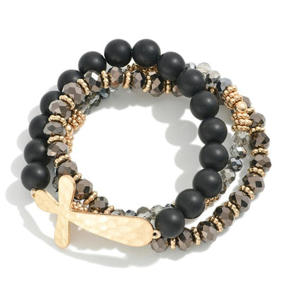 Set of Three Beaded Stretch Bracelets Featuring Metal Cross Focal