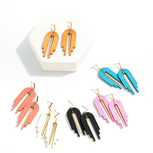 Linked Wood Arch Drop Earrings With Gold Tone Accent