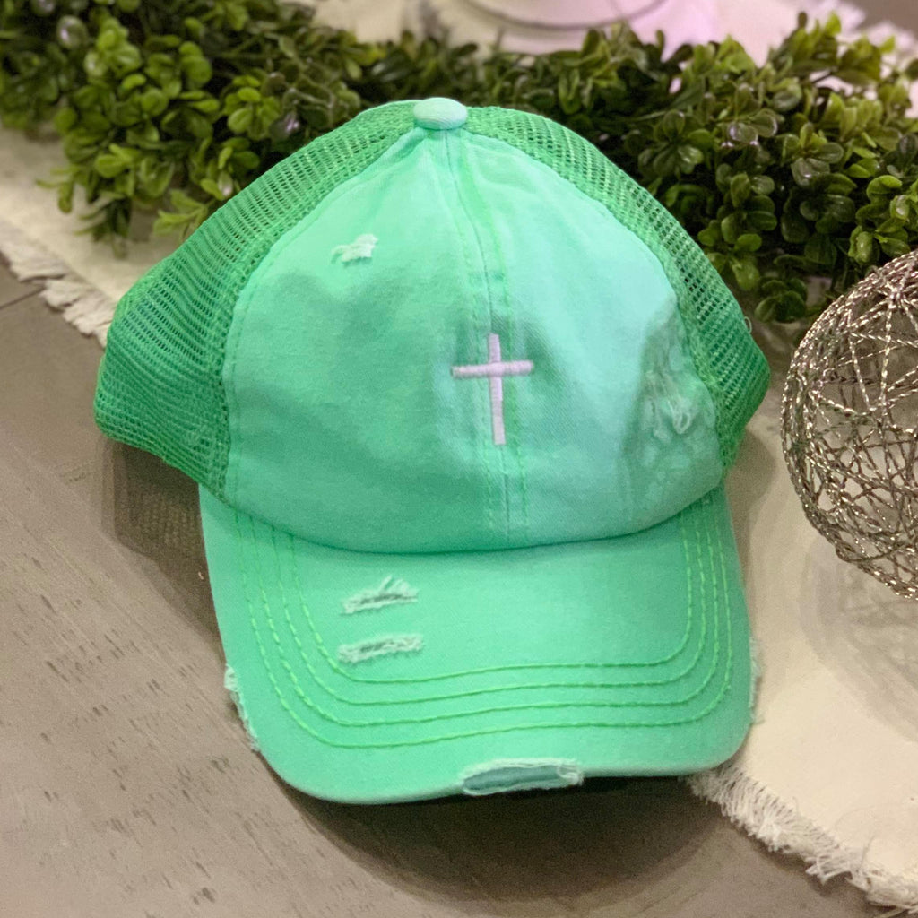 Cross Distressed Mesh Back High Pony CC Ball Cap