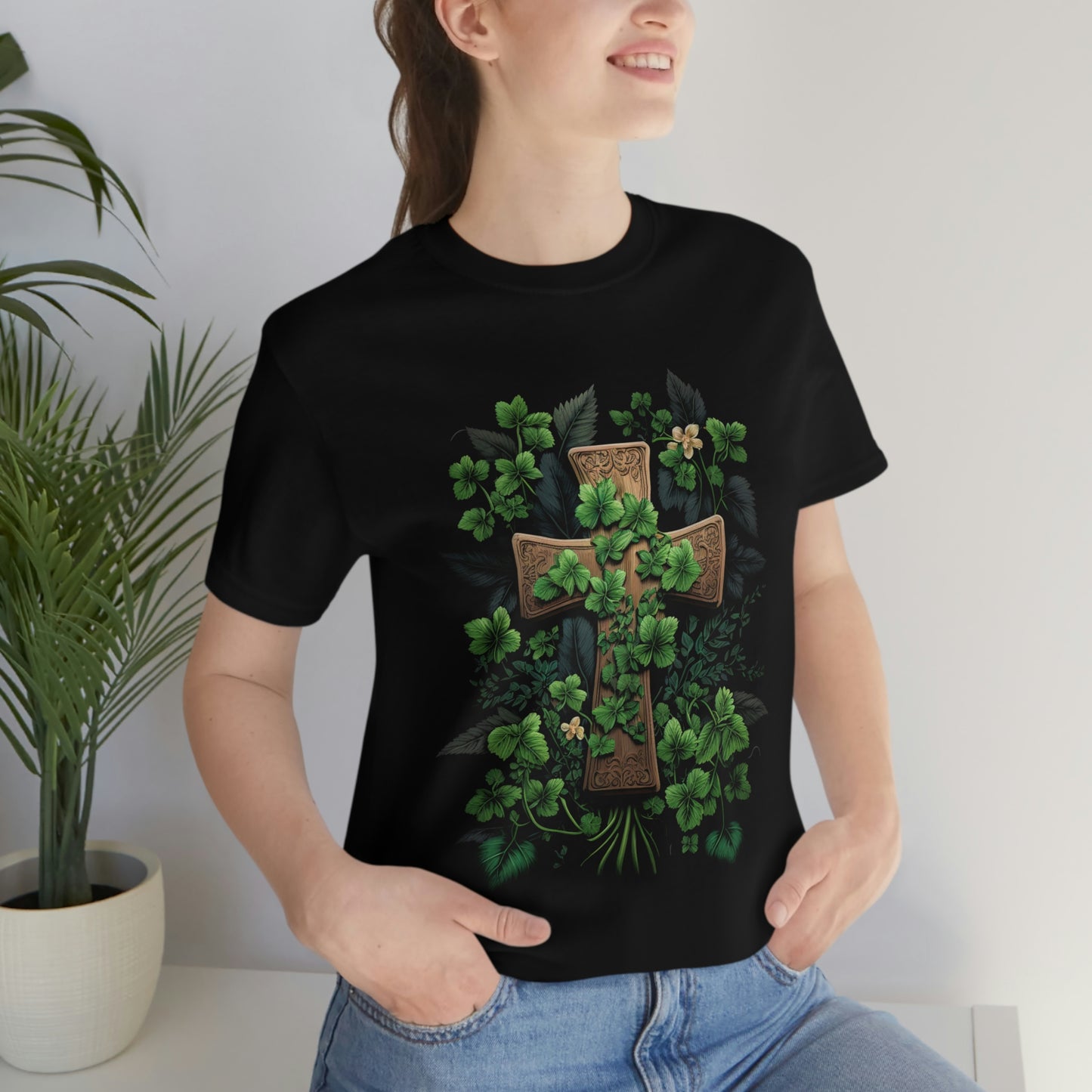 Green Leaf Wooden Cross Short Sleeve Tee