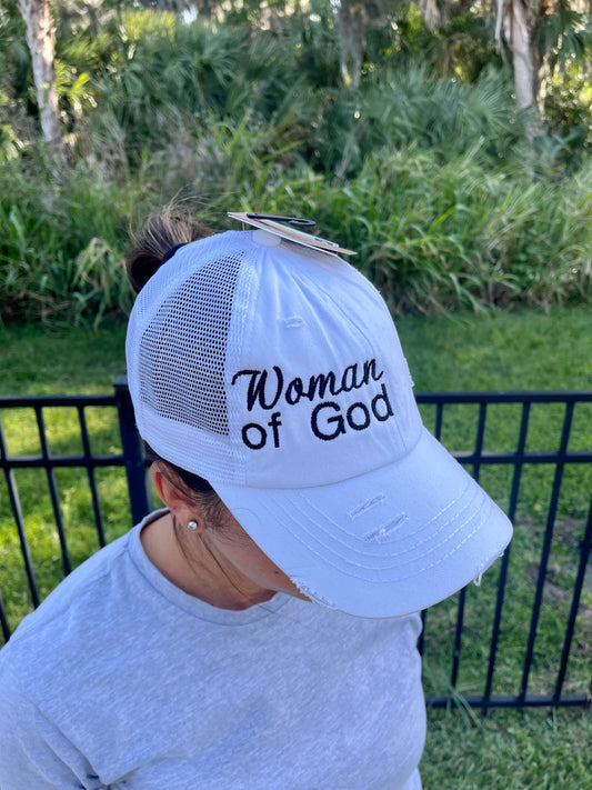 Woman of God Criss Cross Ponytail Hat Side Design