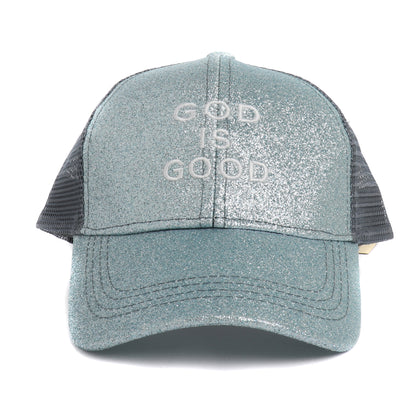 Kids Glitter God Is Good Ponytail Hat