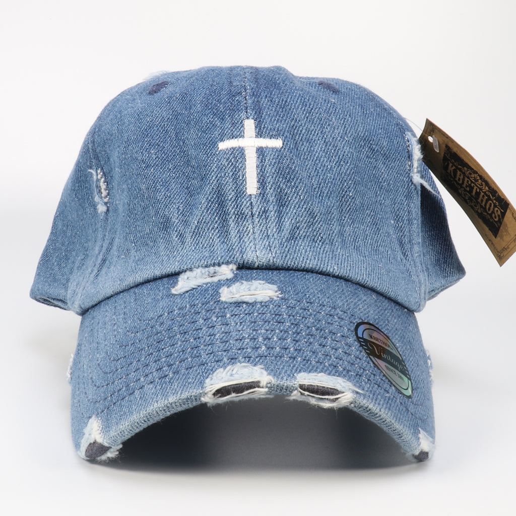 Cross Distressed Baseball Hat Adjustable Metal Closure-Denim