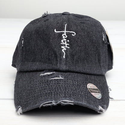 Faith Cross Distressed Baseball Hat Adjustable Metal Closure-Denim