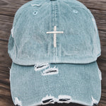 Cross Distressed Baseball Hat Adjustable Metal Closure-Denim