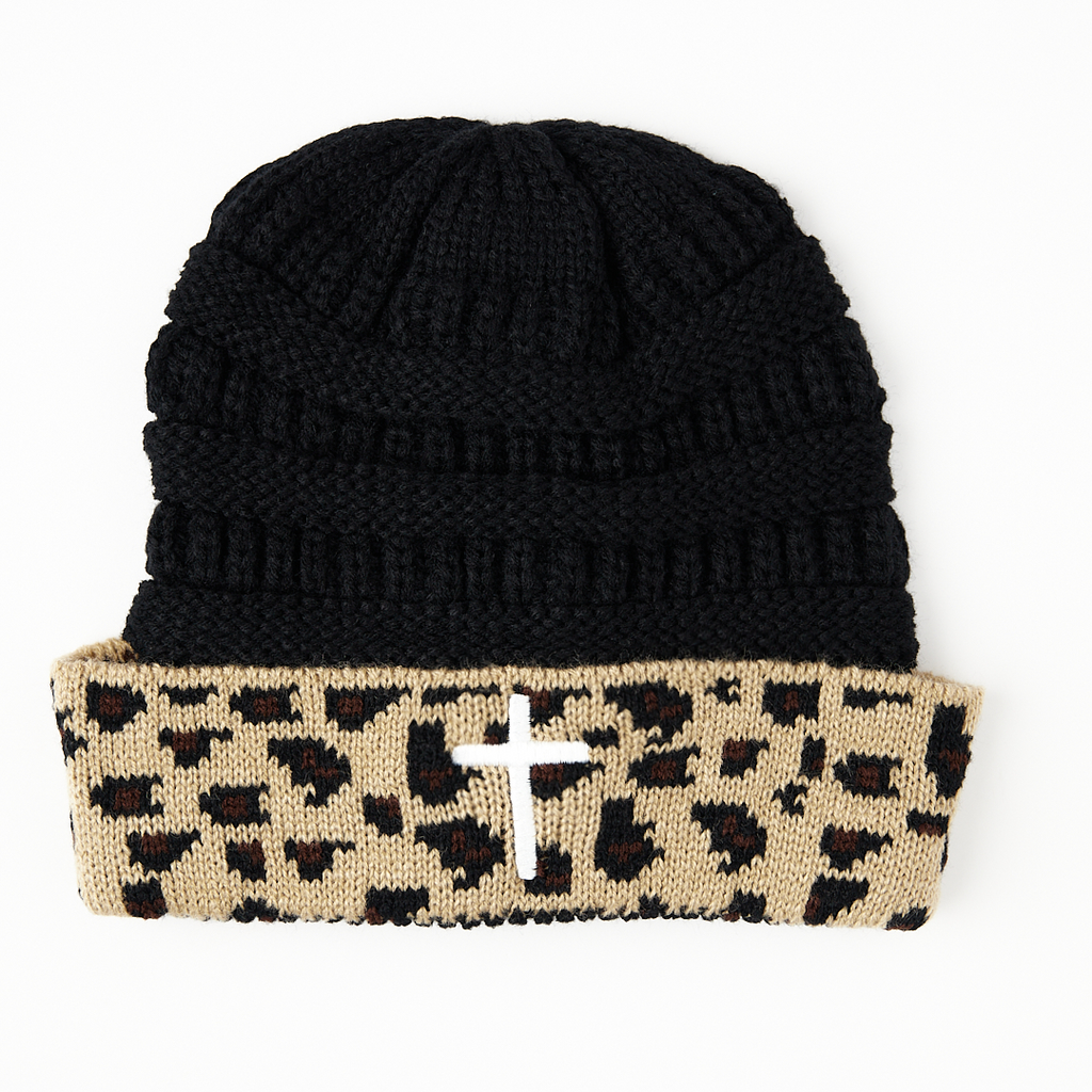 Cross Black Knitted Leopard Beanie