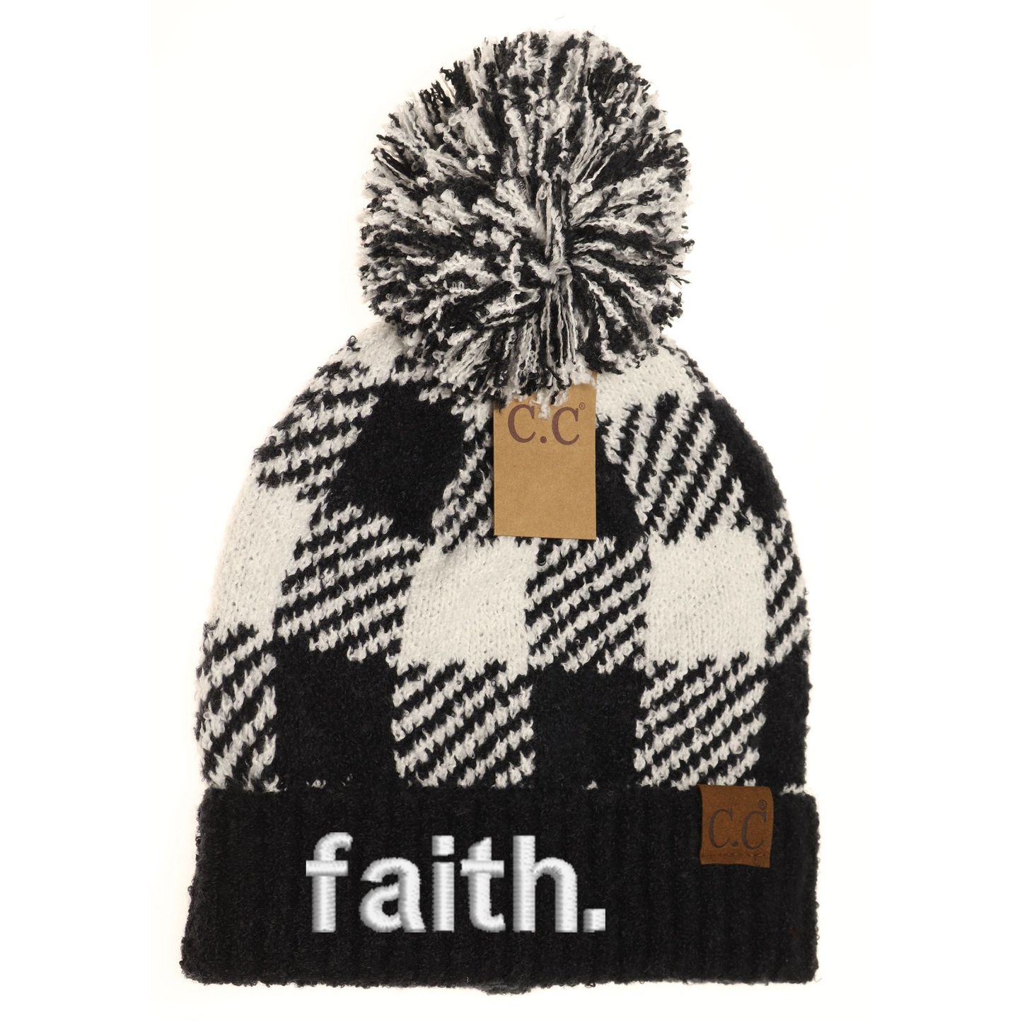 Faith Buffalo Print Jacquard Knit Pom Beanie