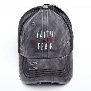 Faith Over Fear Thin Red Line Heart Criss Cross Ponytail Hat