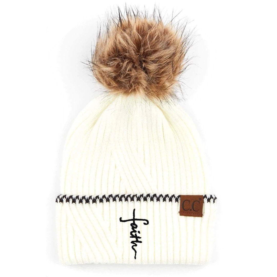 Faith Cross Ribbed Knit Beanie With Accented Cuff