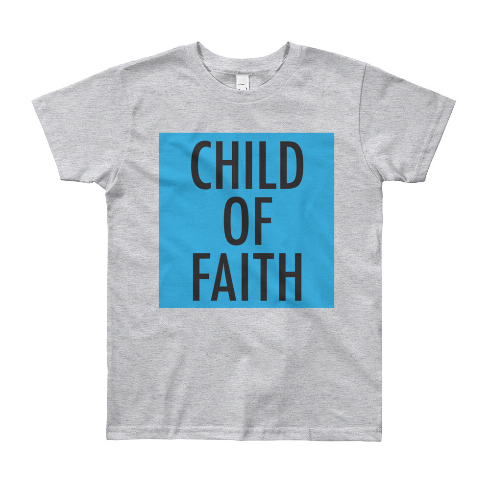 Child of Faith in blue youth t-shirt