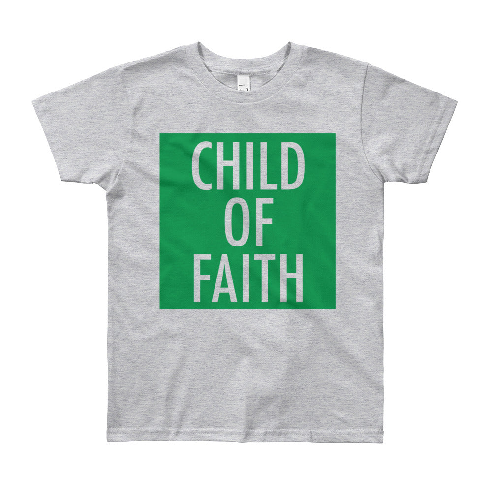 Child of Faith in green youth t-shirt