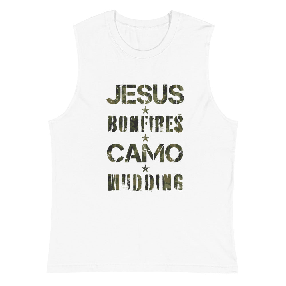 Jesus Bonfires Camo and Mudding Muscle Shirt