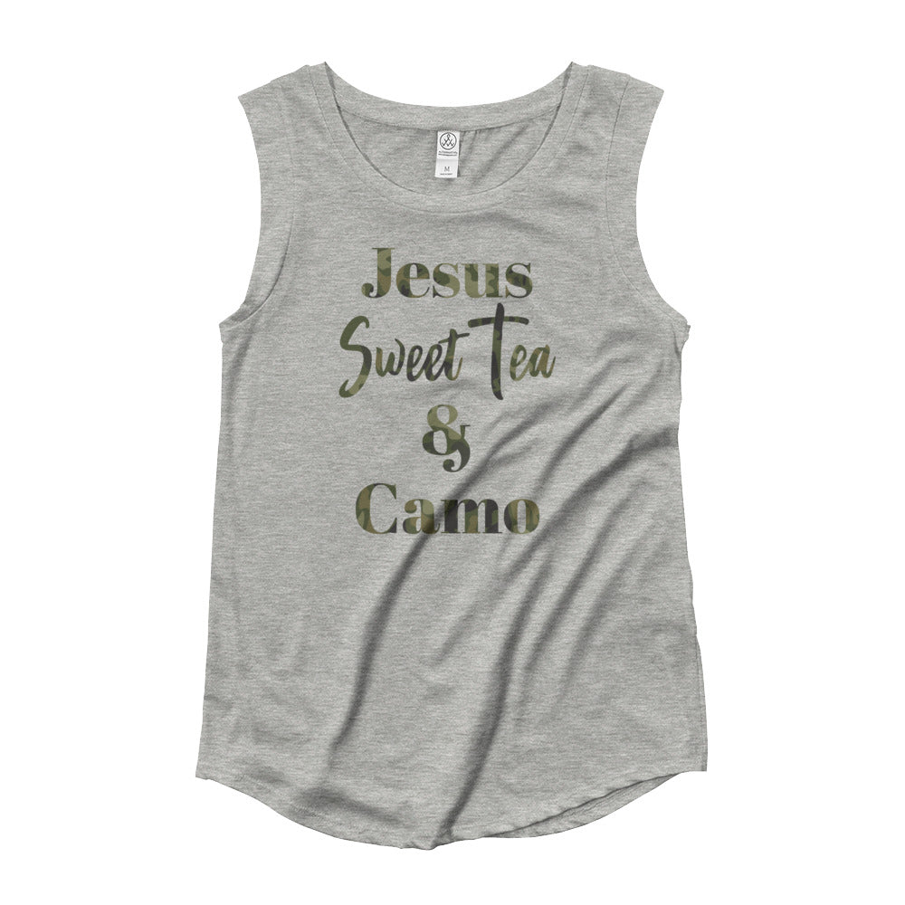Jesus Sweet Tea and Camo Ladies’ Cap Sleeve T-Shirt