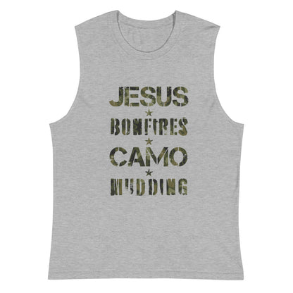 Jesus Bonfires Camo and Mudding Muscle Shirt