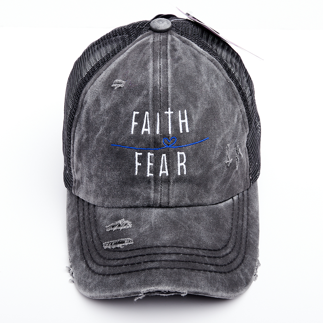 Faith Over Fear Thin Blue Line Heart Criss Cross Ponytail Hat