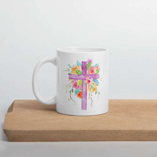Floral Cross White glossy mug
